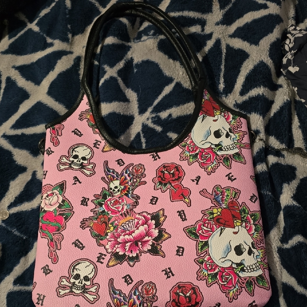 Ed Hardy Pink Skull & Rose Graphic Shoulder Bag with Black Handles - Picture 2 of 6